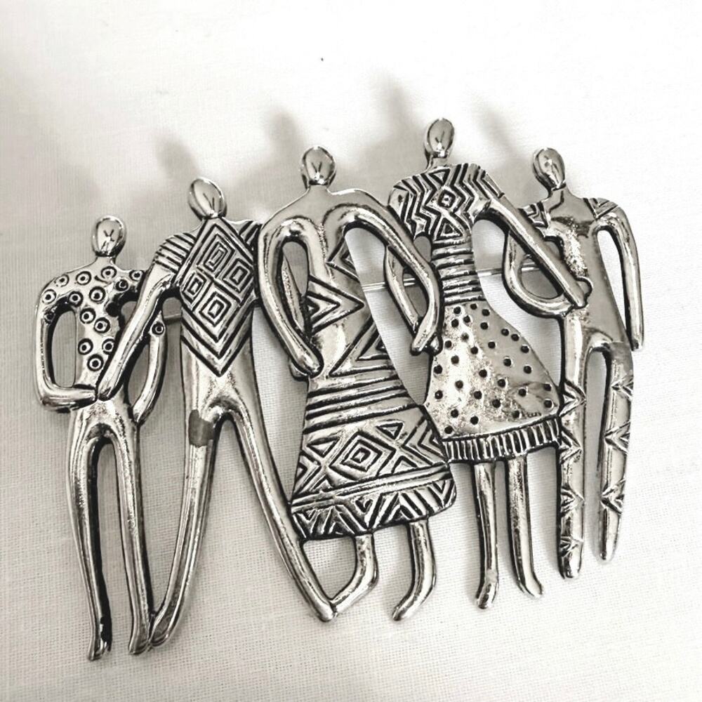 Laurel Burch Silver‑Tone Unity Figures Brooch – Signed – 3.5”
